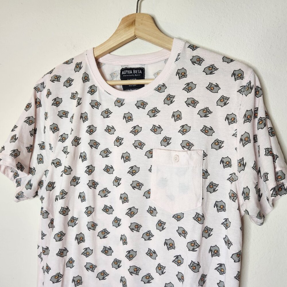 🖤 Alpha Beta Mens Large Pink Gray Cat Pizza Short Sleeve Shirt Crew
